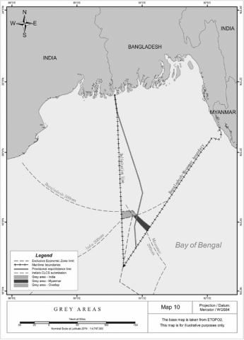 The map depicts maritime boundaries and zones in the Bay of Bengal, including:  Exclusive Economic Zone limit: Shown as dashed lines. Maritime boundaries: Represented by solid lines with cross-marks. Provisional equidistance line: A solid line without markings. Grey areas: India: Light grey. Myanmar: Medium grey. Overlap: Dark grey. Countries: India, Bangladesh, and Myanmar, with their respective 200 M Exclusive Economic Zones labeled. Scale: Nominal scale at latitude 20°N is 1:4,747,000. Compass: North is 